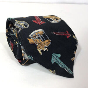 Fishing Silk Neck Tie USA Navy Blue Lures and Reels Red Tan Vintage Outdoors